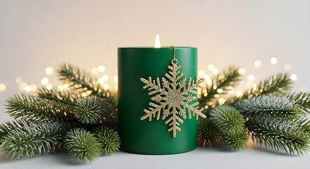 Emerald Candle with Pine & Snowflake Metallic Decor