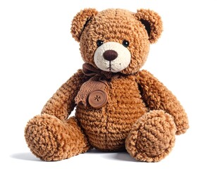 Fototapeta premium Brown plush teddy bear with a bow tie and button, sitting upright