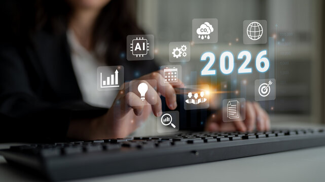Digital icons, analytics symbols, and glowing number 2026 representing business goals, innovation, and market growth Parse