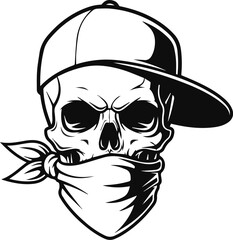 Black and white graphic of an intimidating skull in a snapback hat and bandana, symbolizing street life and anonymity
