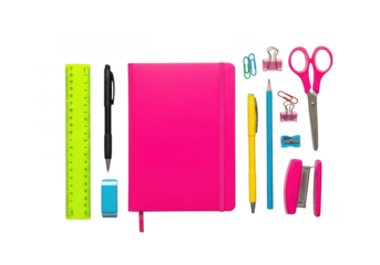 A collection of pink and yellow stationery items isolated on transparent background