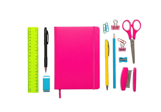 A collection of pink and yellow stationery items isolated on transparent background