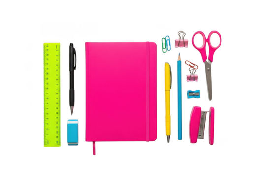 A collection of pink and yellow stationery items isolated on transparent background