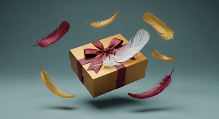 Pixelated Gift Box with Floating Feathers and Ribbon