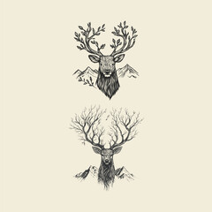 vintage engraving or sketch illustration depicting a majestic deer head with large branched antlers, centered over a rugged mountain range