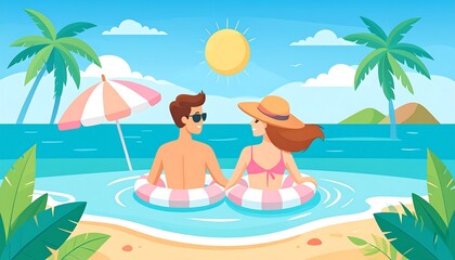 Cartoon illustration of a couple in the sea enjoying a sunny day, holding hands while floating in inner tubes