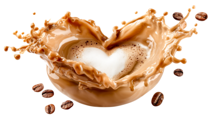Creamy coffee splash heart foam latte art brown swirl milk splash espresso beans dynamic motion isolated background sweet aroma vibe tasty morning mood beverage concept soft light, isolated