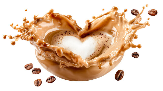 Creamy coffee splash heart foam latte art brown swirl milk splash espresso beans dynamic motion isolated background sweet aroma vibe tasty morning mood beverage concept soft light, isolated