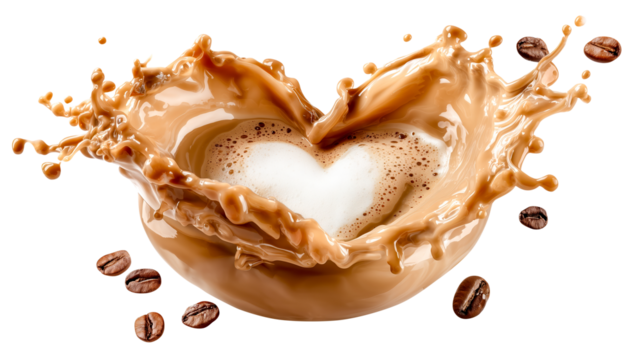 Creamy coffee splash heart foam latte art brown swirl milk splash espresso beans dynamic motion isolated background sweet aroma vibe tasty morning mood beverage concept soft light, isolated