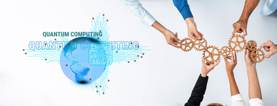 Diverse hands connecting gears symbolize teamwork in quantum computing. Visualize the future of technology, innovation, and global collaboration in the digital age. Trope