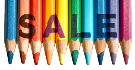 Colorful pencil rainbow sale discount promotion stationery school art craft education vibrant wooden sharpened text lettering message commerce retail marketing banner, isolated
