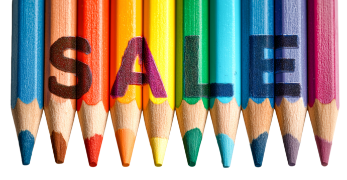 Colorful pencil rainbow sale discount promotion stationery school art craft education vibrant wooden sharpened text lettering message commerce retail marketing banner, isolated