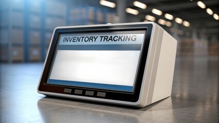 3D Minimal Business Icons Inventory tracking device displayed in a warehouse setting, focusing on efficiency and organization.