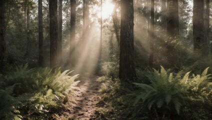 Fototapeta premium Sunbeams filter through a lush green forest illuminating a path.