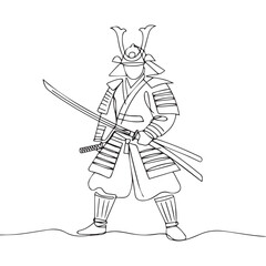 One continuous line illustration of an Samurai, isolated on white background.	