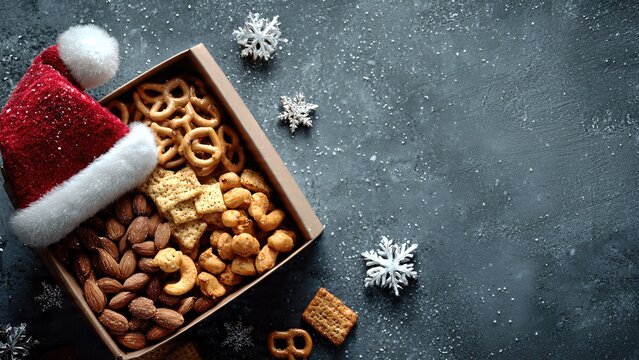 Festive Food Box with Santa Hat in Snowy Scene