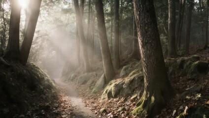Sunlight filtering through a misty forest path with fallen leaves.