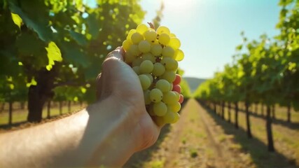 Video of a hand holding grapes in a vineyard agricultural scene