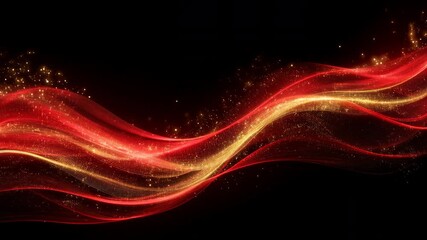 Red gold wave ribbon light sparkle abstract motion flowing across black background elegant energy flow festive dynamic glow with sparkling particle - Powered by Adobe