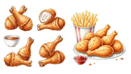 Watercolor Watercolor Fried Chicken with fried fries clipart for graphic resources