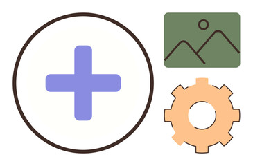 Blue plus icon, photo frame, and orange gear symbolizing addition, customization, and digital tools. Ideal for creativity, technology, functionality, workflow productivity organization