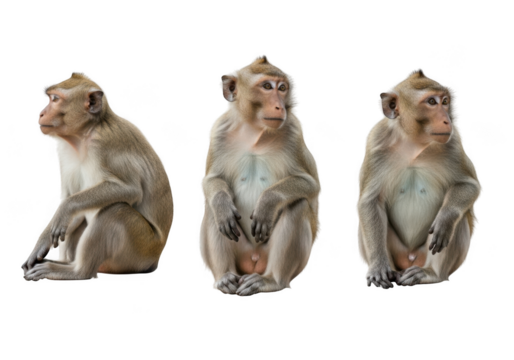 Three monkeys sitting and looking in different directions, isolated on transparent background