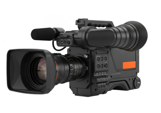 Professional video camera with lens and microphone isolated on transparent background