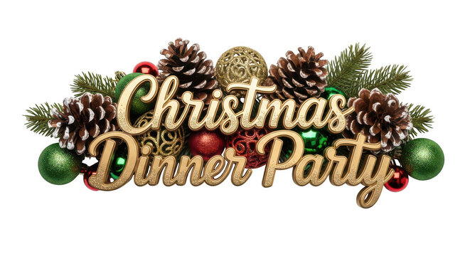 Glittery christmas dinner party text with pinecone decoration isolated on transparent background