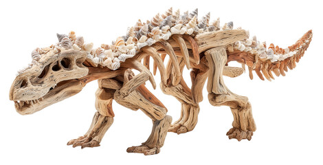 Driftwood dinosaur seashell sculpture natural art handmade craft coastal decor fantasy creature reptile form wood texture beach theme creative design with playful charm and wonder, isolated
