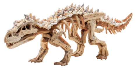 Driftwood dinosaur seashell sculpture natural art handmade craft coastal decor fantasy creature reptile form wood texture beach theme creative design with playful charm and wonder, isolated