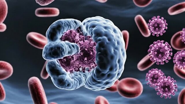 Microscopic view of HIV virus attacking red blood cells and white blood cells in human bloodstream detailed 3D rendering science visualization