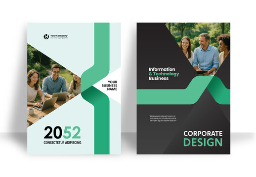 Business Report Cover Template &ndash; Green and Black Geometric Layout (A4)	
