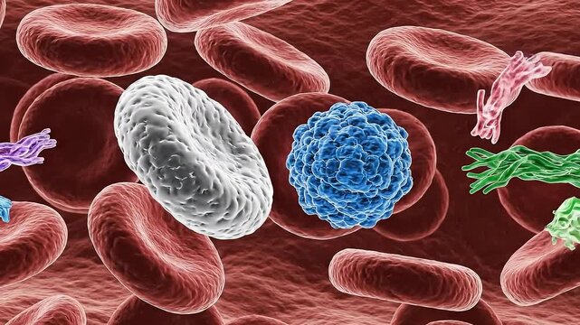 Microscopic view of human bloodstream with red blood cells white blood cells and various proteins circulating in a detailed medical illustration under bright