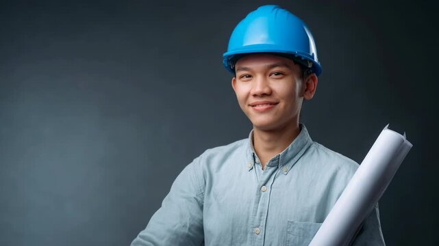Young architect and construction engineer in blue hard hat holding rolled blueprint giving thumbs up portrait confident positive expression