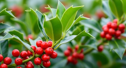 Vibrant red holly berries and shiny green leaves glistening in soft natural light, symbolizing festive winter holidays and seasonal cheer close-up.