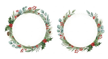 Watercolor Christmas Eucalyptus and Holly Leaves Round Wreath Frames, Winter Botanical Circle Borders