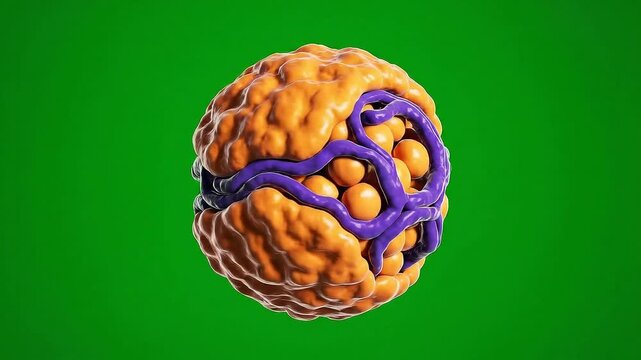 Microscopic View of Lipoprotein Particle with Orange Triglycerides and Purple Proteins Isolated on Vibrant Green Screen Background 3D Render
