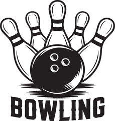 Black and white bowling ball and pins with word bowling sport game