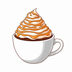 An inviting illustration of a warm beverage in a white cup, generously crowned with fluffy whipped cream and a luxurious caramel sauce drizzle, evoking comfort.