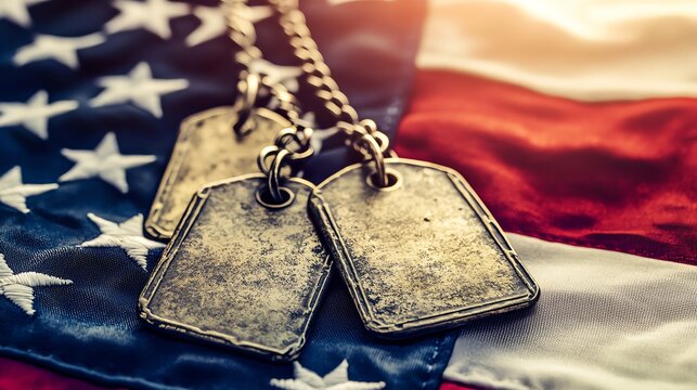 Military dog tags on an American flag backdrop.
