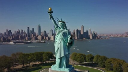 Statue of Liberty close up shot with New York City skyline in background, perfect for travel, tourism, or patriotic themes in your next project - Powered by Adobe