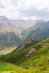 Fototapeta premium High angle view looking down a steep, shrub-covered green hillside into a deep mountain canyon with rugged peaks and a valley floor far below