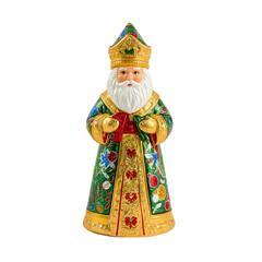 Colorful saint nicholas figurine with ornate golden and green robe, christmas holiday decoration isolated on the transparent background