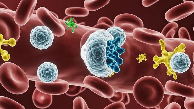 Microscopic View Of Red Blood Cells And Immune System White Blood Cells Battling Pathogens Inside Arterial Vessel
