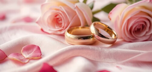 Two shiny gold wedding rings resting on delicate pink satin fabric Scattered rose petals and soft pink roses are visible