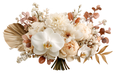 Cream orchid ivory dahlia beige peony dried palm neutral floral rustic bouquet wedding arrangement soft pastel romantic flowers elegant decor. Neutral bouquet with cream orchid, isolated