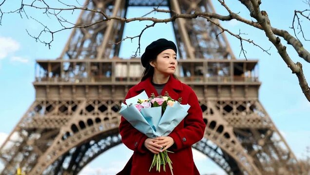 Woman in red coat holding flowers in front of the Eiffel Tower in Paris, France.
