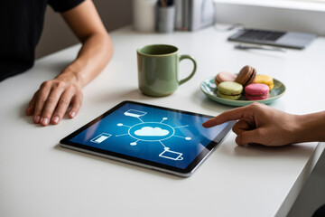 Person using tablet with cloud computing interface