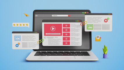 Powerful Link Building Strategies, Higher Rankings, Strong Backlinks, Organic Traffic Growth, Better Visibility, Improved SEO. Video Content Page Linked to Others Websites on 3D Laptop