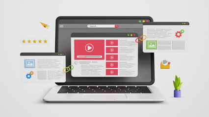 Content Advertising, Promote Video Content, Web Optimization, Link Building, SEO strategy, Improved Search Rankings. 3D Video Web Page Linked to Others Pages for Organic Growth on a Laptop